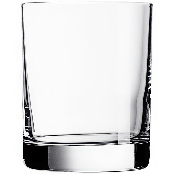 An Arcoroc Precision Rocks / Old Fashioned glass with a black base on a white background.