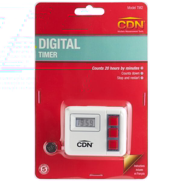 A white electronic CDN TM2 kitchen timer in packaging.