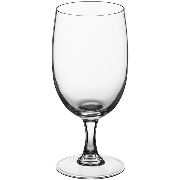 An Arcoroc clear glass beer goblet with a stem.