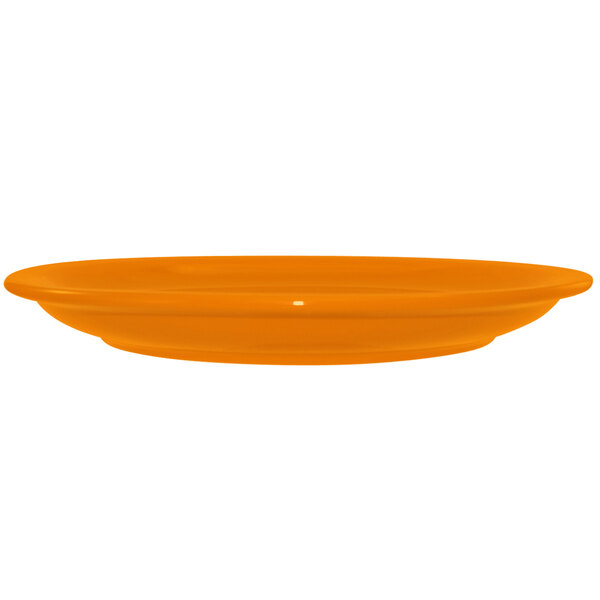 An orange International Tableware stoneware plate with a rolled edge on a white background.