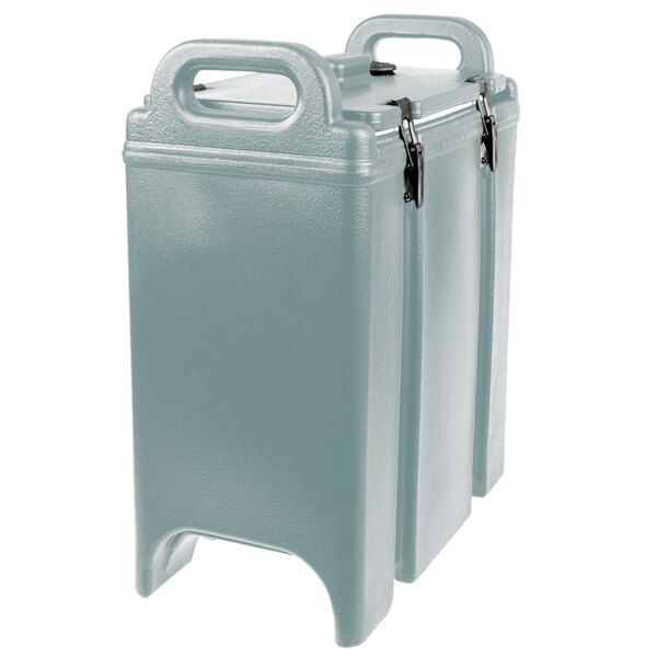 A grey Cambro insulated soup carrier with handles.