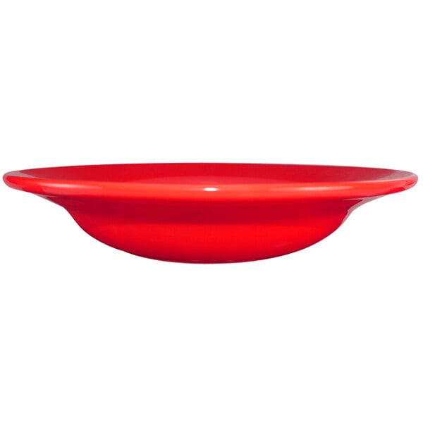 a close up of a red bowl