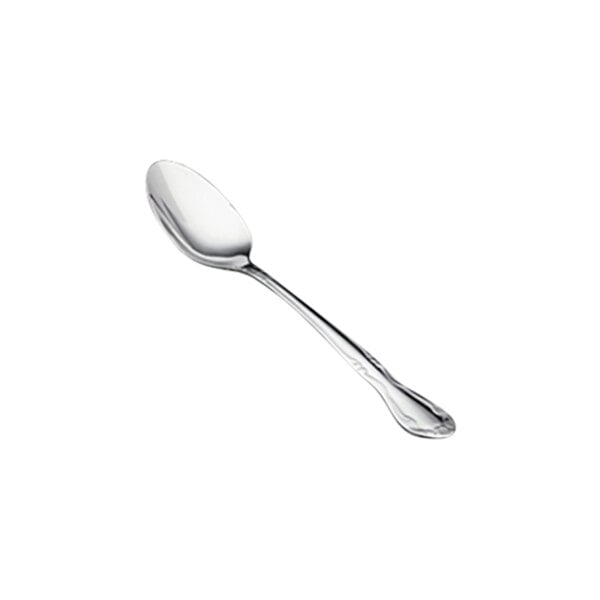 A close-up of a Vollrath stainless steel teaspoon with a silver handle.