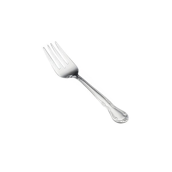 A close-up of a Vollrath Thornhill stainless steel salad fork.