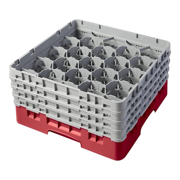 A red and gray plastic glass rack with 20 compartments and four extenders, designed for washing and storing glassware.