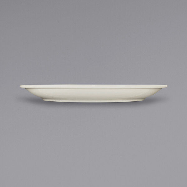 An ivory stoneware plate with a narrow rim on a white background.