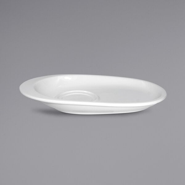 A bright white oval shaped Milano saucer with an offset edge.