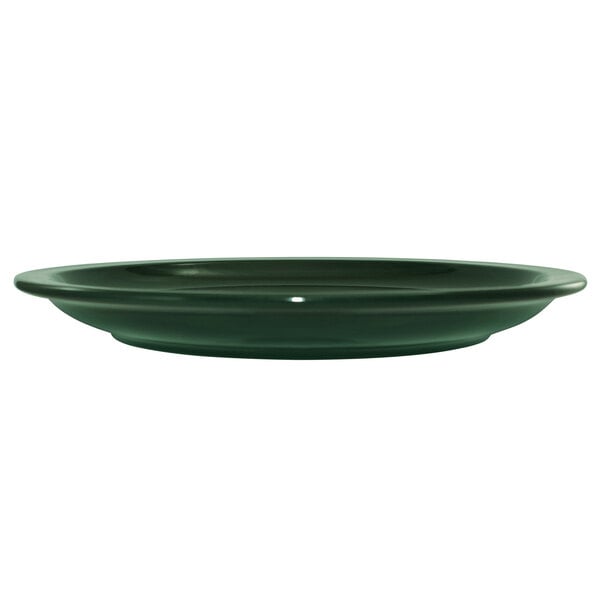 A close up of a green International Tableware Cancun stoneware plate with a narrow rim.