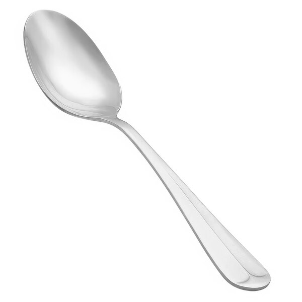 A close-up of a Vollrath Queen Anne stainless steel dessert spoon.