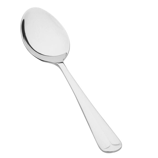 A close-up of a Vollrath stainless steel teaspoon with a silver handle.