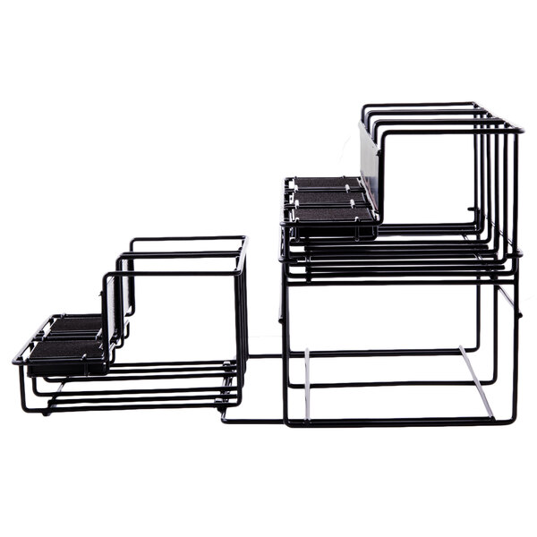 A black metal Bunn universal airpot rack with black metal shelves.