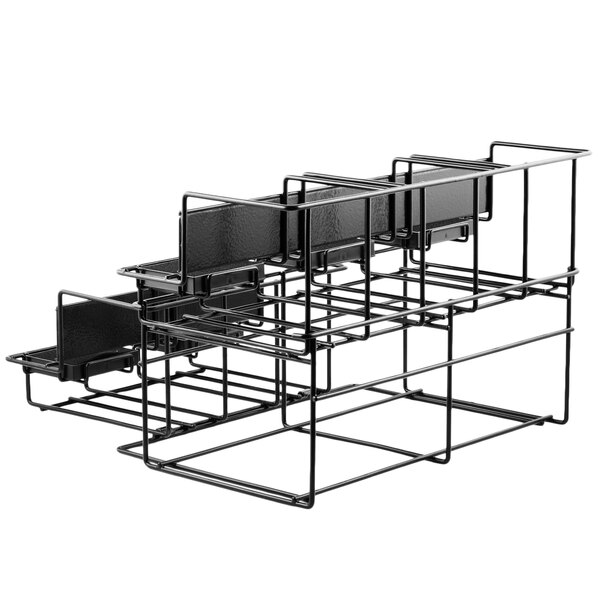 A black wire rack with black metal bars holding airpots.