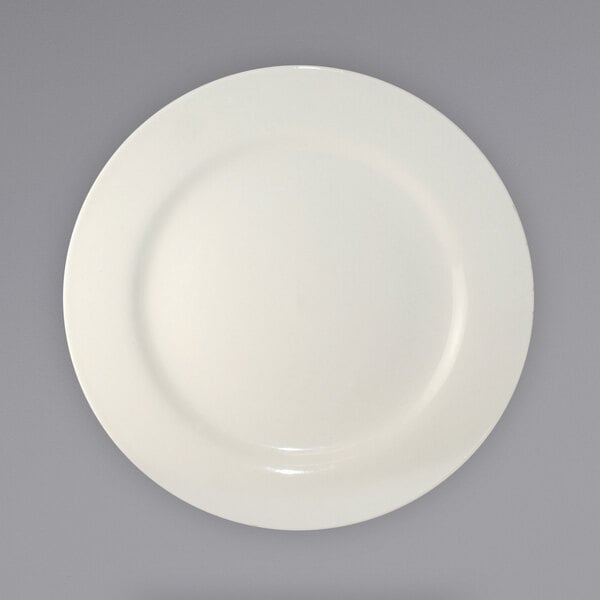 An International Tableware stoneware plate with a white circular edge on a gray background.
