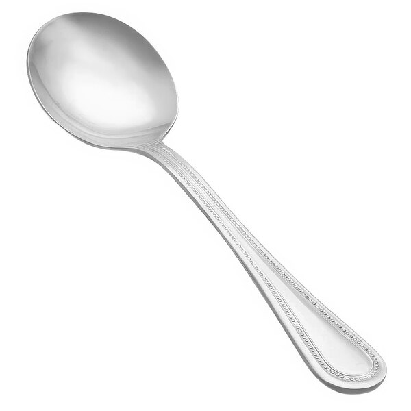 A Vollrath stainless steel bouillon spoon with a brocade handle.