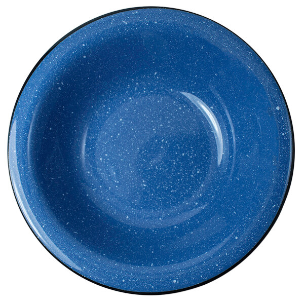A blue speckled stoneware bowl with a black rim.