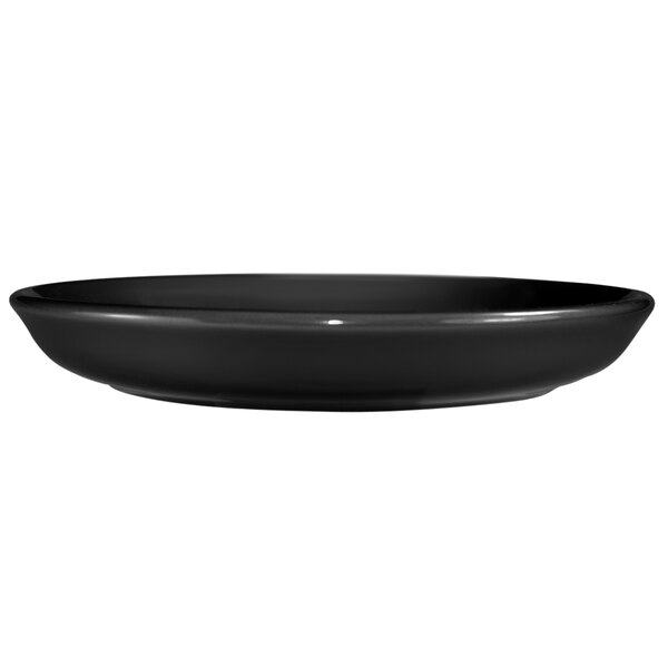 A black International Tableware latte saucer with a rim.