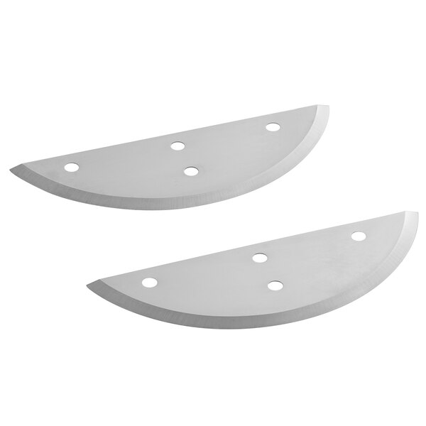 A pair of circular metal blades with holes on them.