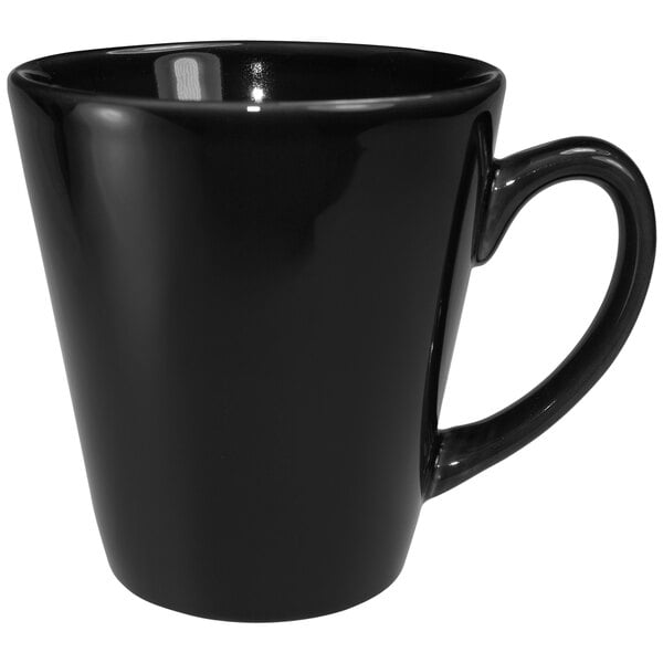 A black International Tableware stoneware funnel cup with a handle.