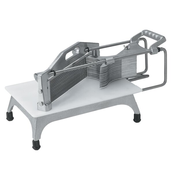A Vollrath Redco Tomato Pro tomato slicer with a metal rod and straight blades.