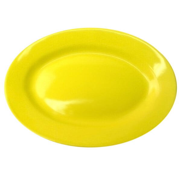 A yellow platter with a wide rim on a white background.