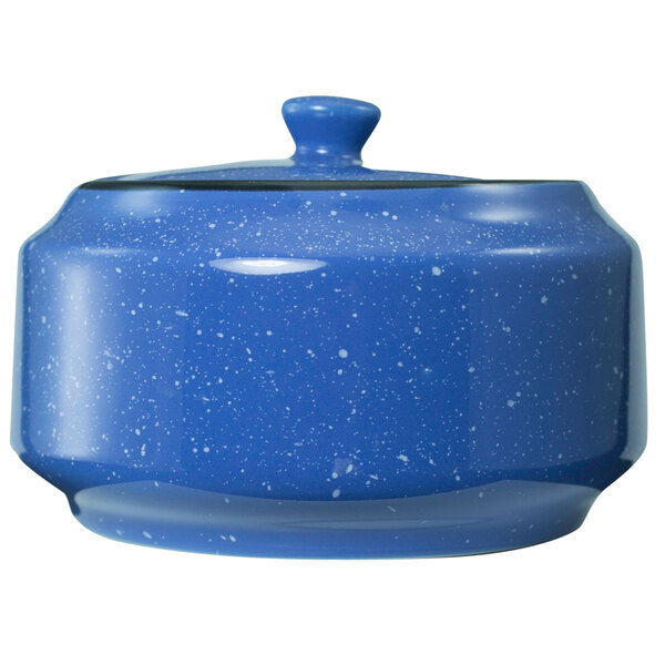 a blue speckled pot with a lid