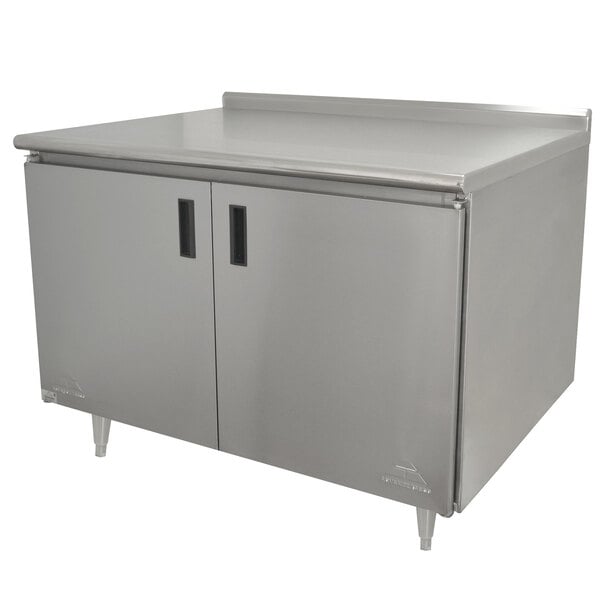 A stainless steel enclosed base work table with a fixed midshelf.