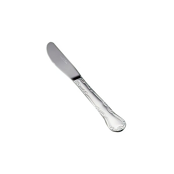 A close-up of a Vollrath stainless steel dinner knife with a design on the handle.