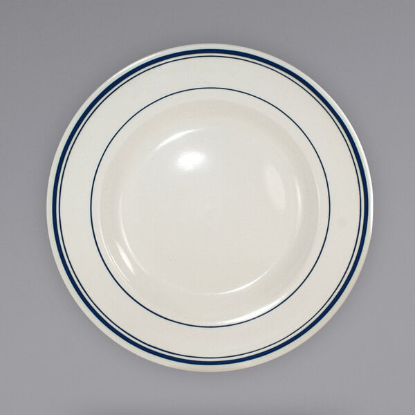 a white plate with blue lines