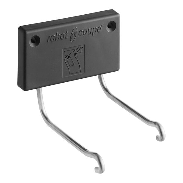 A black metal wall rack with two hooks.