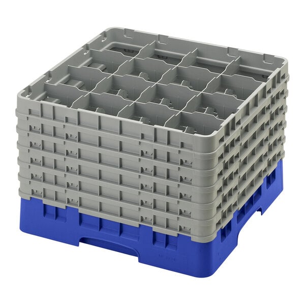 A navy blue and gray 16-compartment glass rack with six extenders for dishwashing and storage.