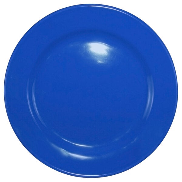 A light blue stoneware plate with a wide rim and rolled edge.