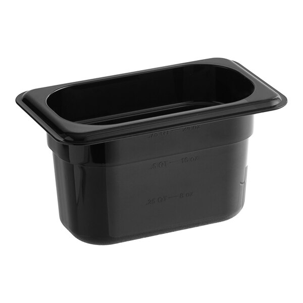 A Carlisle black plastic food pan with a lid.