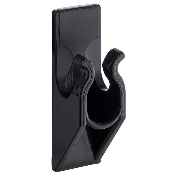 A black plastic hook on a white background.