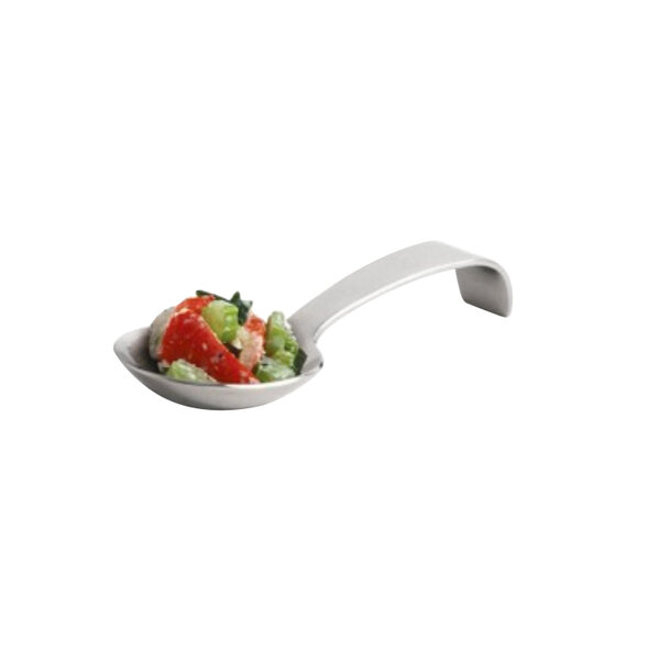 A Front of the House stainless steel taster spoon with salad in it.