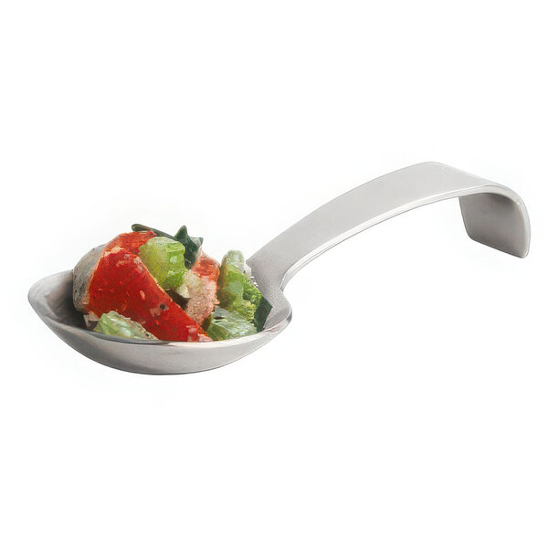 A Front of the House stainless steel taster spoon filled with vegetables and salad.