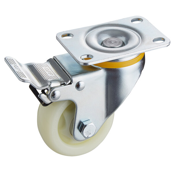 A metal plate caster with a white and yellow wheel.