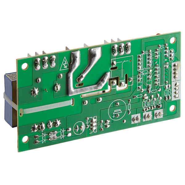 A green AvaValley circuit board with silver metal parts and two wires.