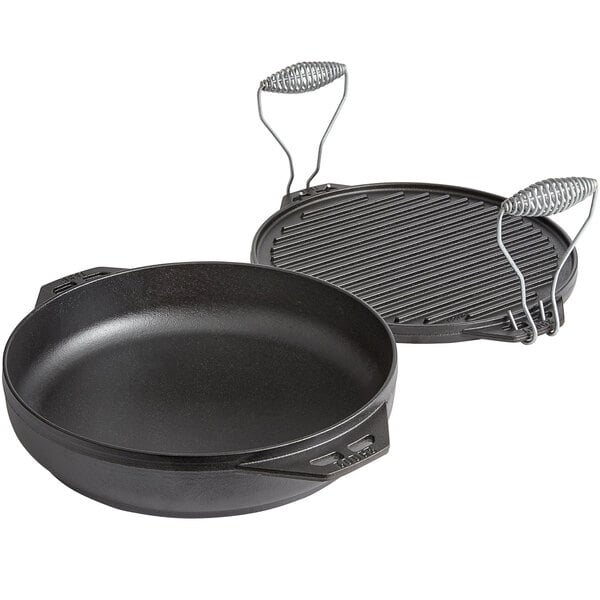A Lodge pre-seasoned cast iron skillet with a handle.