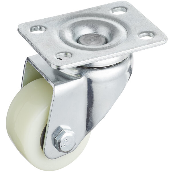 An Avantco front plate caster with a metal and plastic wheel.