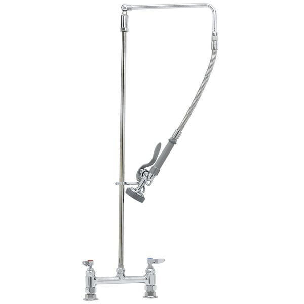 A T&S chrome pre-rinse faucet with a swivel arm and hose