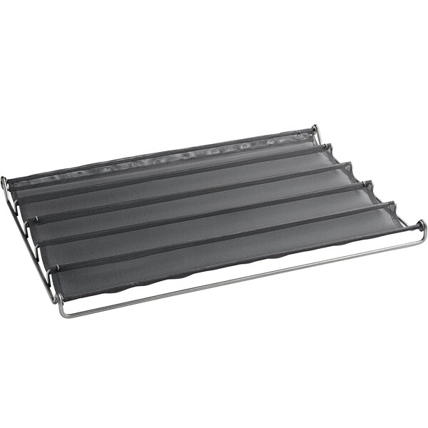 A black metal baguette pan with five compartments.