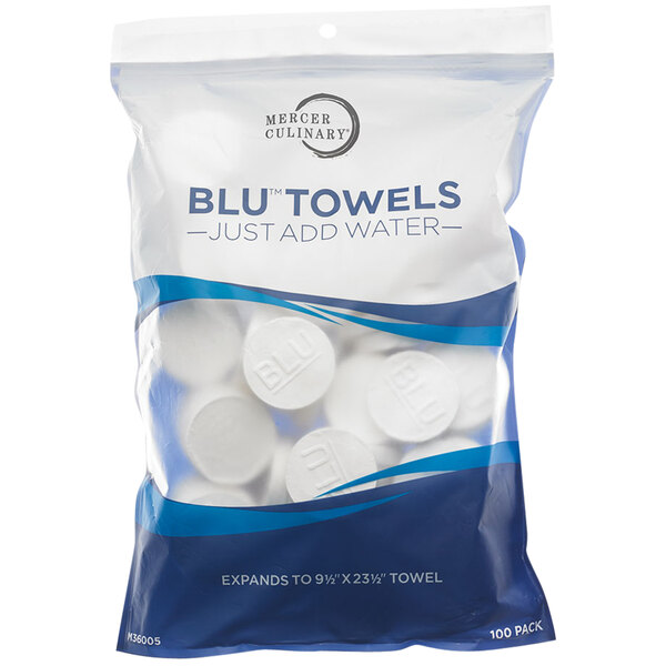 A bag of Mercer Culinary BLU™ blue disposable foodservice towels.
