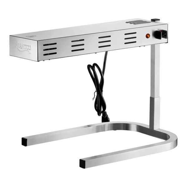 A freestanding strip-style French fry warmer and dump station made of stainless steel with an attached power cord.