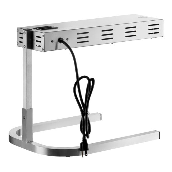A freestanding strip-style French fry warmer and dump station with a stainless steel frame and an attached power cord.