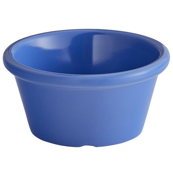 A blue Elite Global Solutions melamine ramekin on a white background.