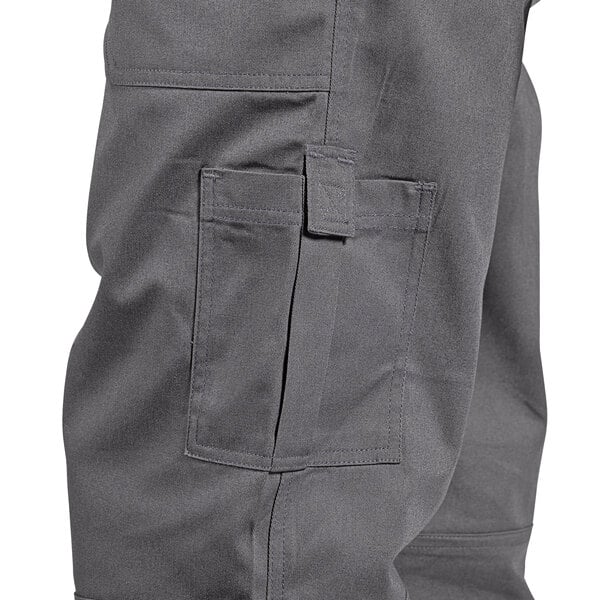 A close-up of a pocket on a pair of Uncommon Chef slate gray cargo pants.