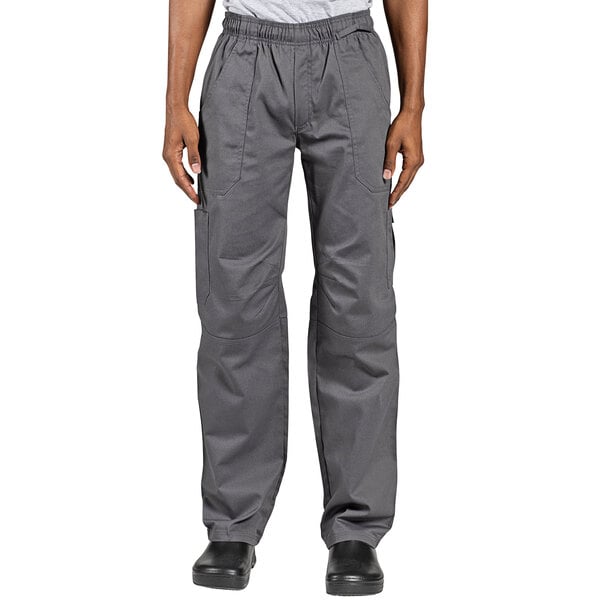 A person wearing Uncommon Chef slate gray cargo chef pants.
