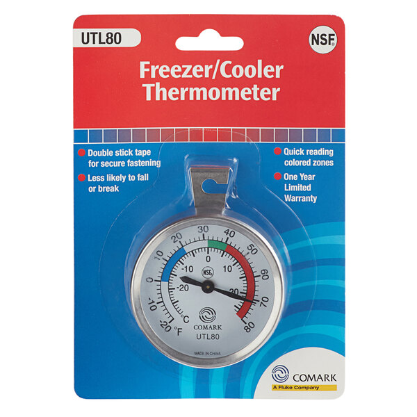A Comark UTL80 refrigerator/freezer thermometer with a white and blue package.