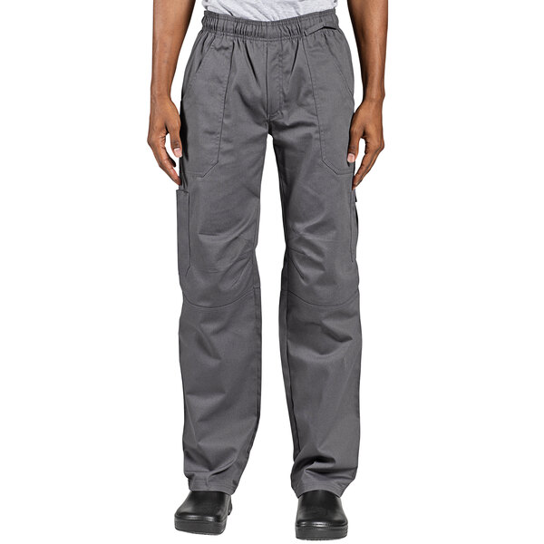 A person wearing Uncommon Chef slate gray cargo chef pants.