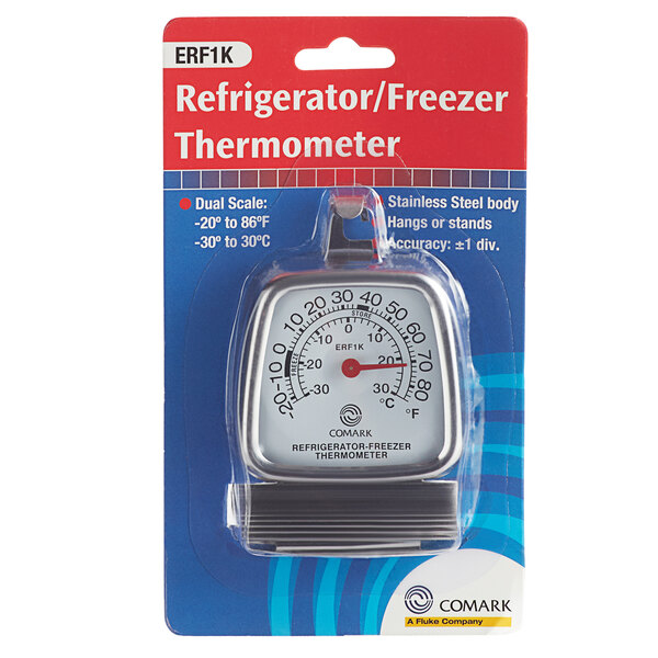 A Comark refrigerator freezer thermometer in a plastic package.
